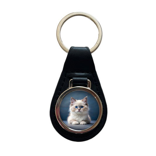 Ragdoll Cat Kitten Photo Black Leather Metal Keychain