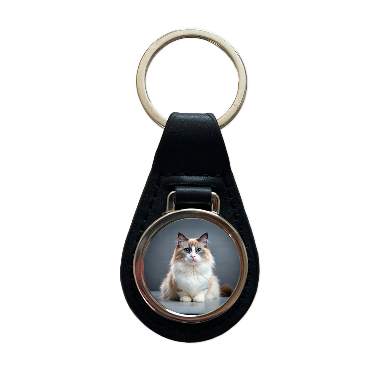 Ragdoll Cat Photo Black Leather Metal Keychain