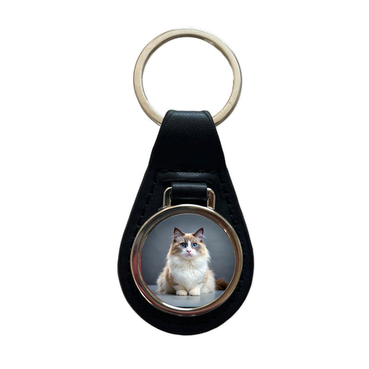 Ragdoll Cat Photo Black Leather Metal Keychain