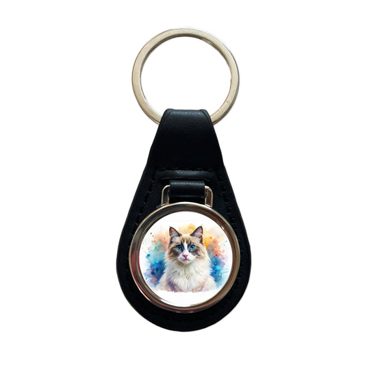 Ragdoll Cat Watercolor Style Black Leather Metal Keychain