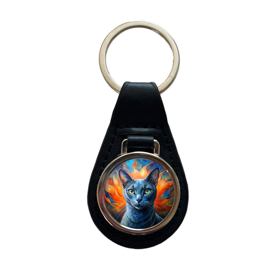 Russian Blue Cat Abstract Art Black Leather Metal Keychain