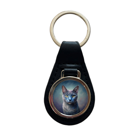 Russian Blue Cat Illustration Black Leather Metal Keychain