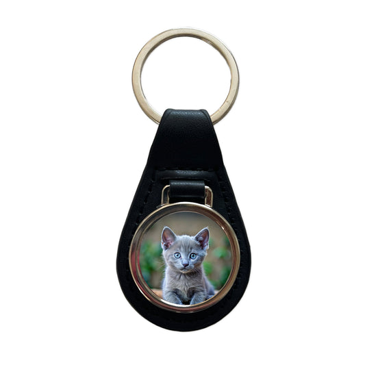Russian Blue Cat Kitten Photo Black Leather Metal Keychain