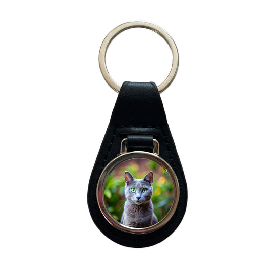 Russian Blue Cat Photo Black Leather Metal Keychain