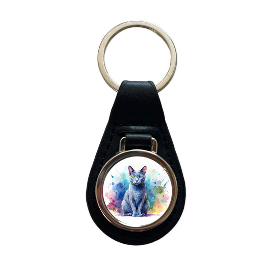Russian Blue Cat Watercolor Style Black Leather Metal Keychain