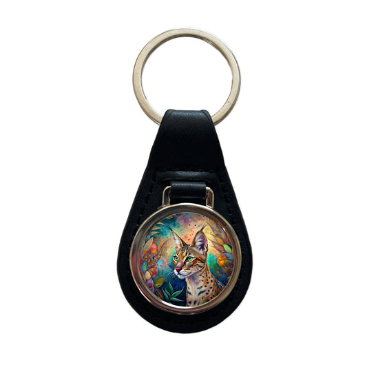 Savannah Cat Abstract Art Black Leather Metal Keychain
