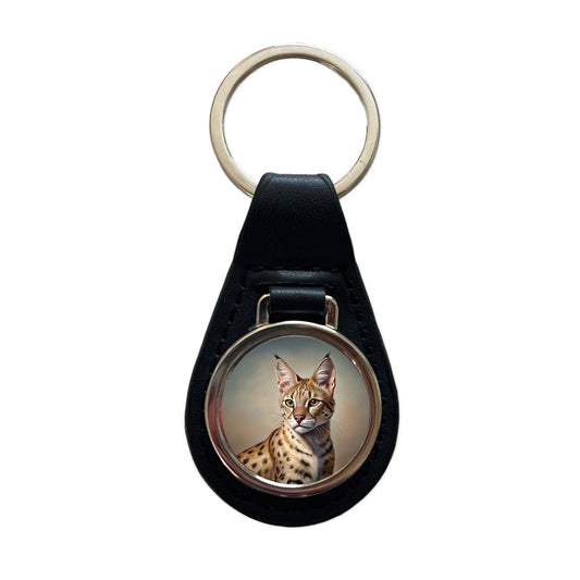 Savannah Cat Illustration Black Leather Metal Keychain