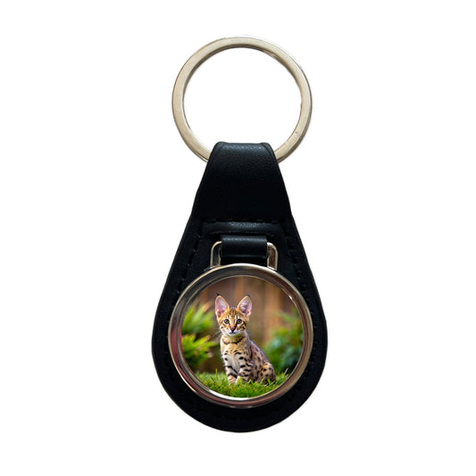 Savannah Cat Kitten Photo Black Leather Metal Keychain
