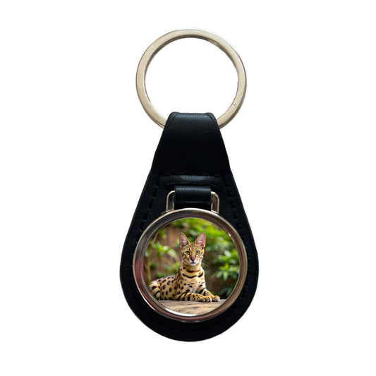 Savannah Cat Photo Black Leather Metal Keychain