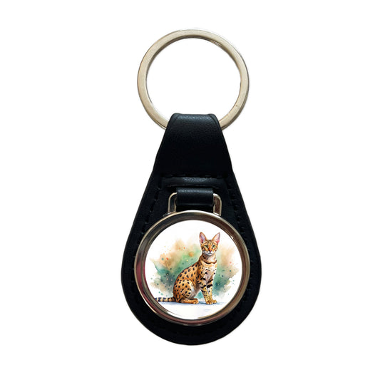 Savannah Cat Watercolor Style Black Leather Metal Keychain