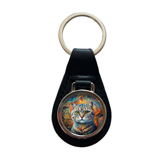 Scottish Fold Cat Abstract Art Black Leather Metal Keychain