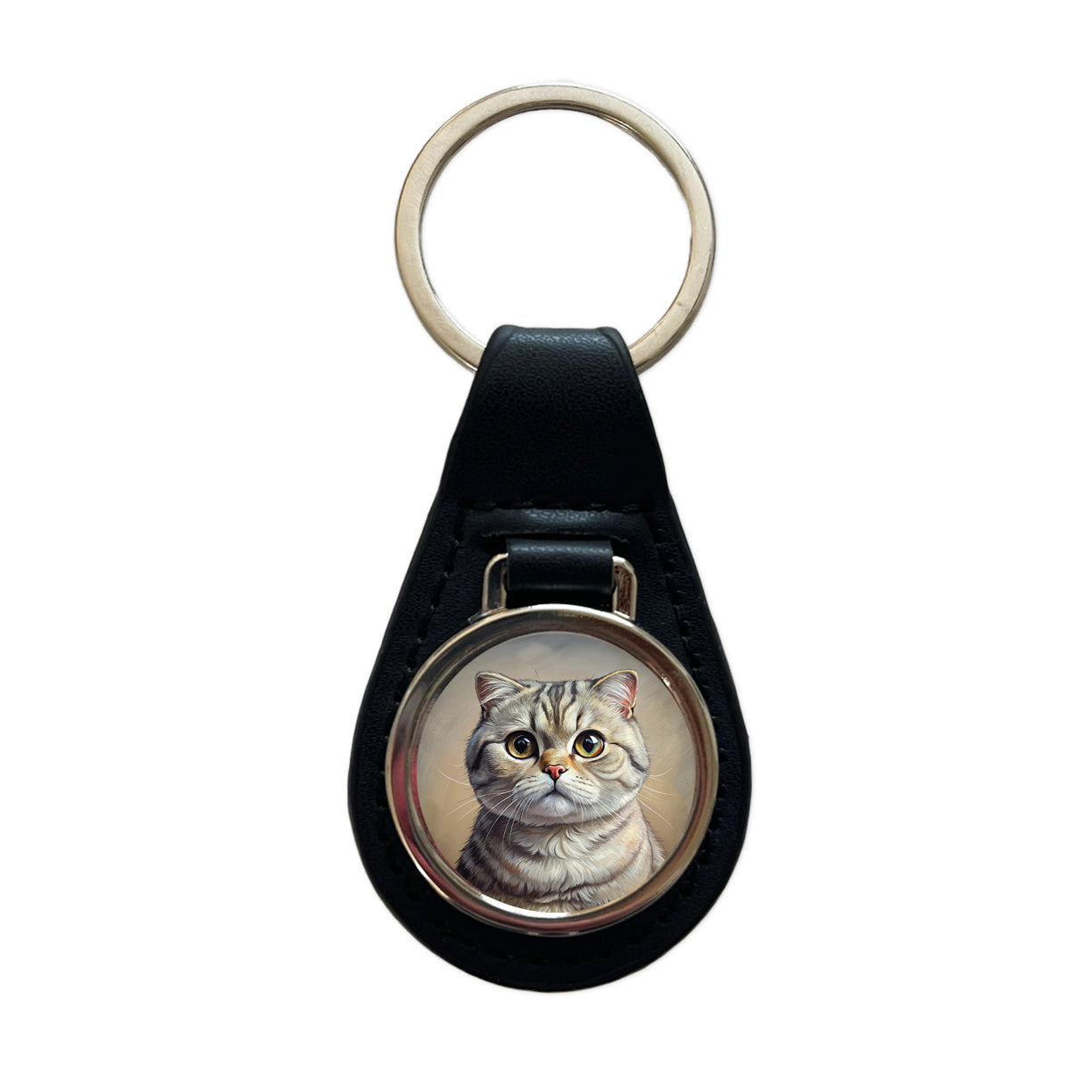 Scottish Fold Cat Illustration Black Leather Metal Keychain