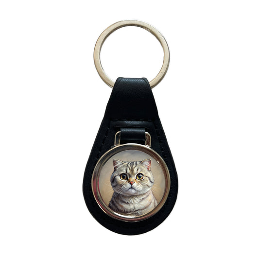 Scottish Fold Cat Illustration Black Leather Metal Keychain