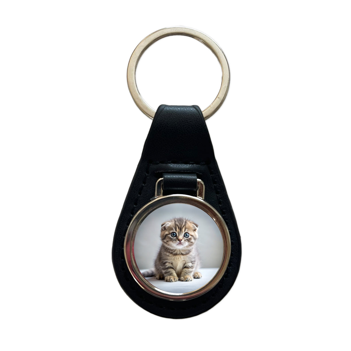Scottish Fold Cat Kitten Photo Black Leather Metal Keychain