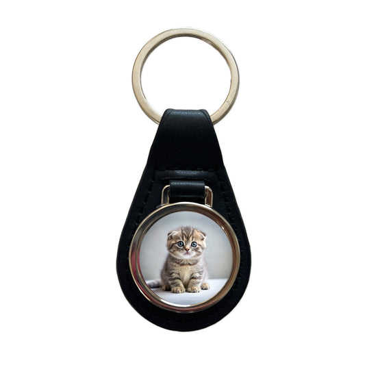 Scottish Fold Cat Kitten Photo Black Leather Metal Keychain