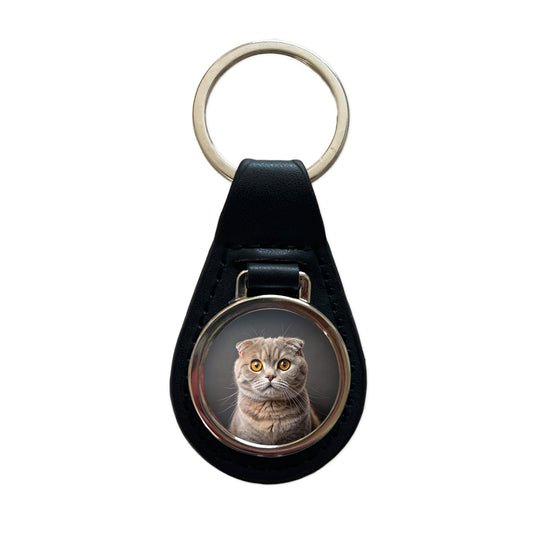 Scottish Fold Cat Photo Black Leather Metal Keychain