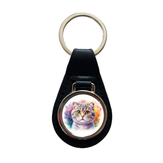 Scottish Fold Cat Watercolor Style Black Leather Metal Keychain