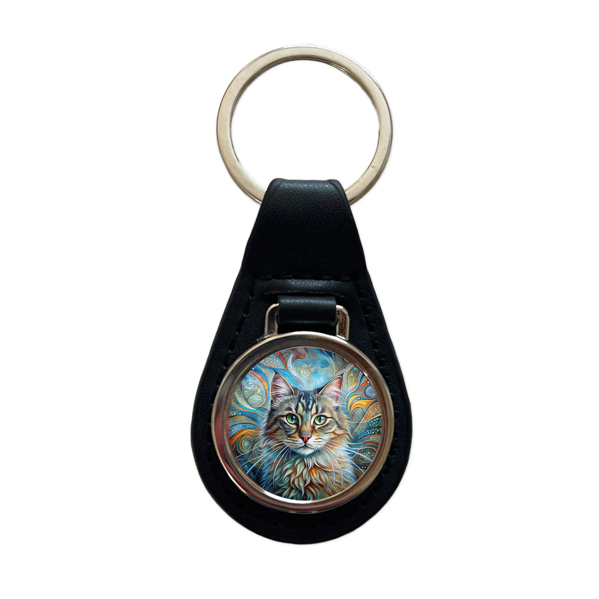 Siberian Cat Abstract Art Black Leather Metal Keychain
