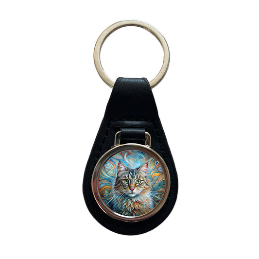 Siberian Cat Abstract Art Black Leather Metal Keychain