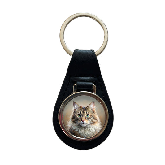 Siberian Cat Illustration Black Leather Metal Keychain