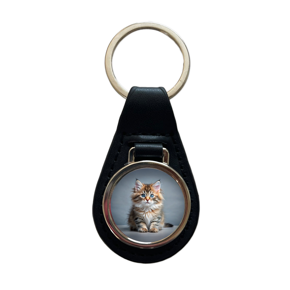 Siberian Cat Kitten Photo Black Leather Metal Keychain