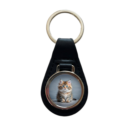 Siberian Cat Kitten Photo Black Leather Metal Keychain