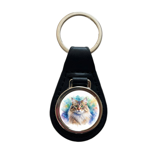 Siberian Cat Watercolor Style Black Leather Metal Keychain