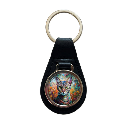 Singapura Cat Abstract Art Black Leather Metal Keychain