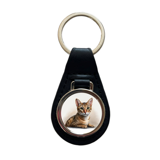 Singapura Cat Illustration Black Leather Metal Keychain