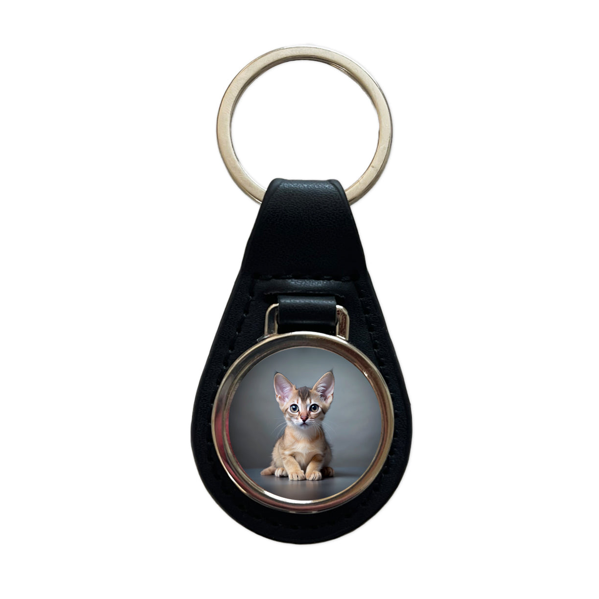 Singapura Cat Kitten Photo Black Leather Metal Keychain