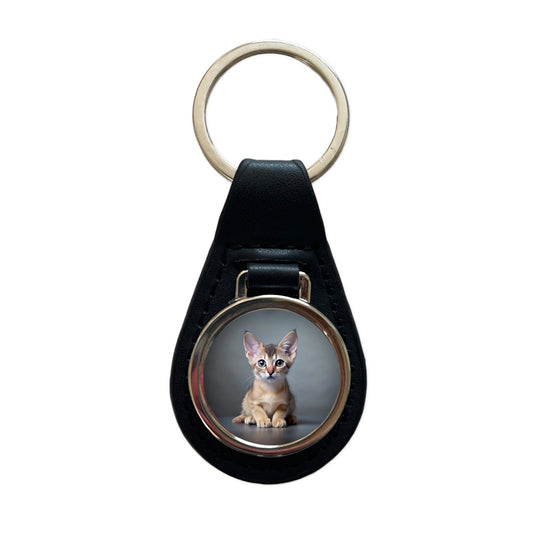 Singapura Cat Kitten Photo Black Leather Metal Keychain