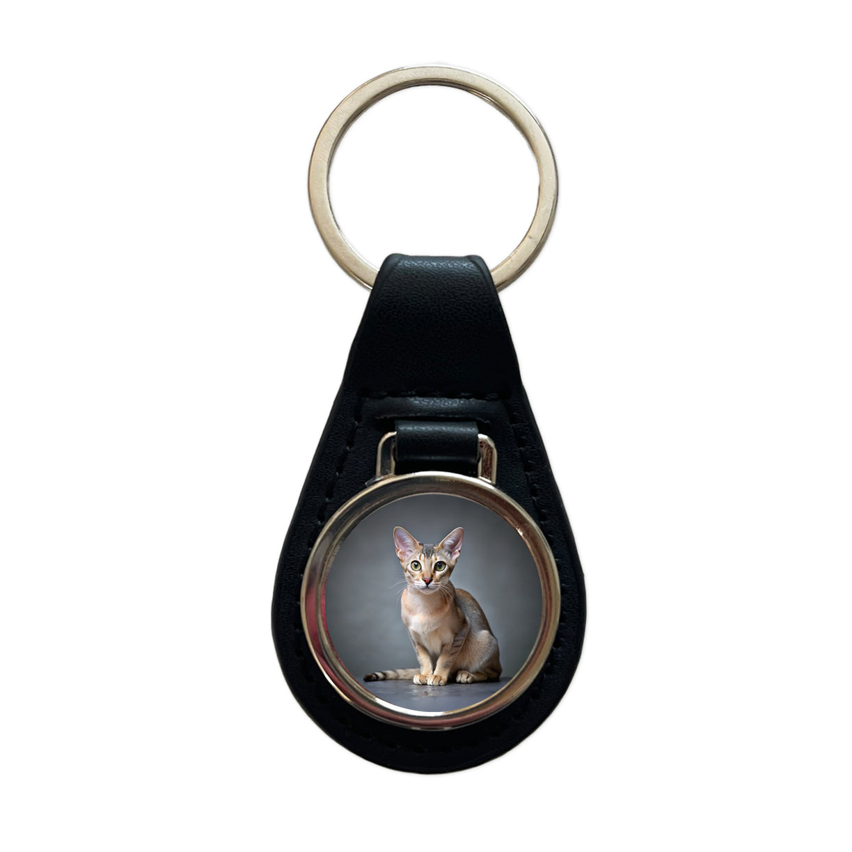 Singapura Cat Photo Black Leather Metal Keychain