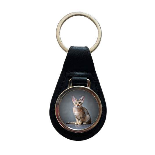 Singapura Cat Photo Black Leather Metal Keychain