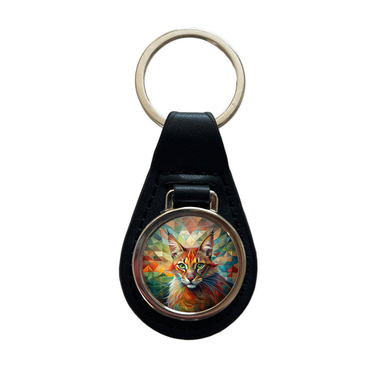 Somali Cat Abstract Art Black Leather Metal Keychain