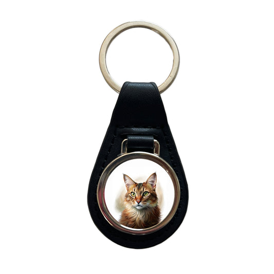 Somali Cat Illustration Black Leather Metal Keychain