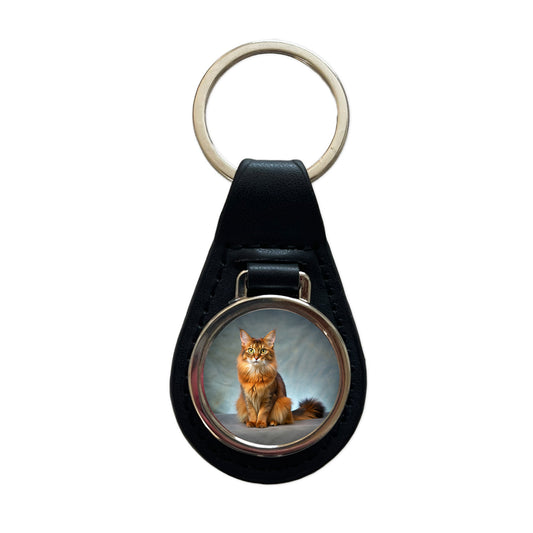 Somali Cat Kitten Photo Black Leather Metal Keychain