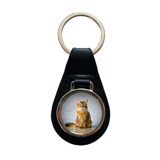 Somali Cat Photo Black Leather Metal Keychain