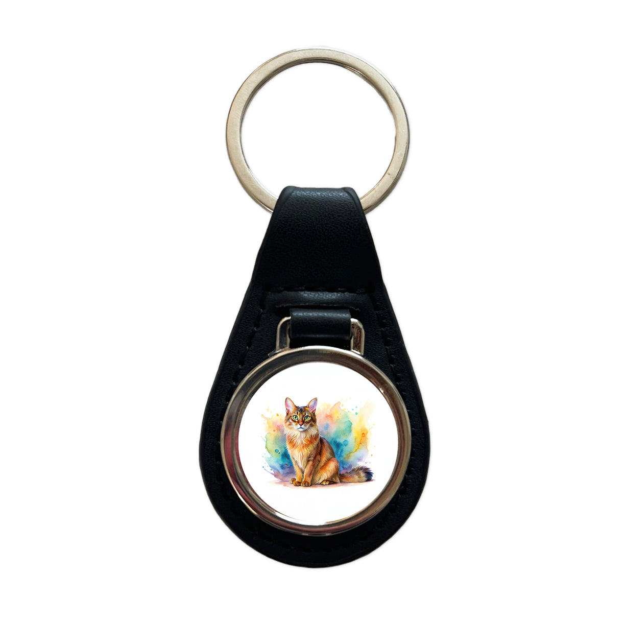 Somali Cat Watercolor Style Black Leather Metal Keychain
