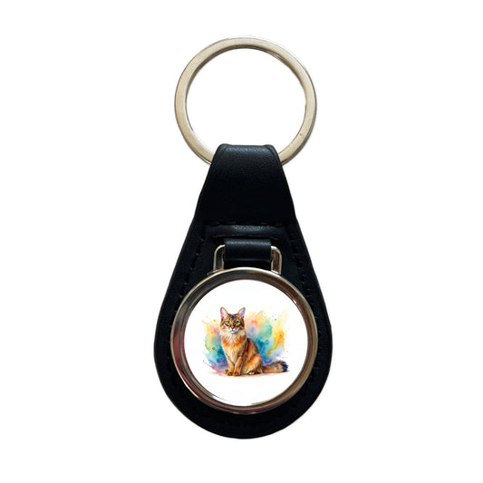 Somali Cat Watercolor Style Black Leather Metal Keychain