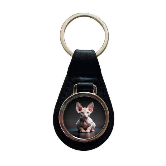 Sphynx Cat Kitten Photo Black Leather Metal Keychain