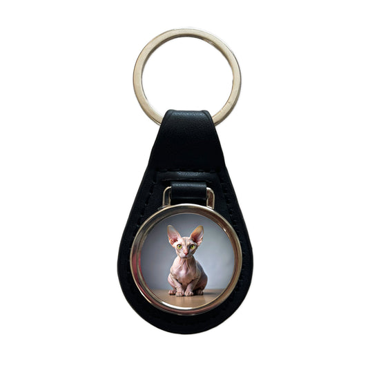Sphynx Cat Photo Black Leather Metal Keychain