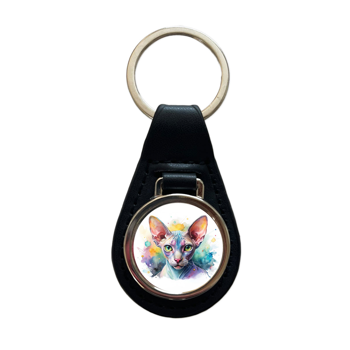 Sphynx Cat Watercolor Style Black Leather Metal Keychain