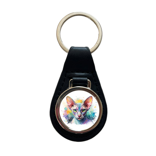 Sphynx Cat Watercolor Style Black Leather Metal Keychain