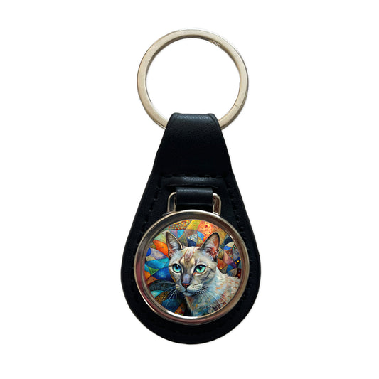 Tonkinese Cat Abstract Art Black Leather Metal Keychain