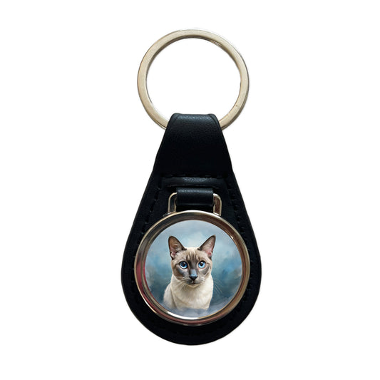 Tonkinese Cat Illustration Black Leather Metal Keychain