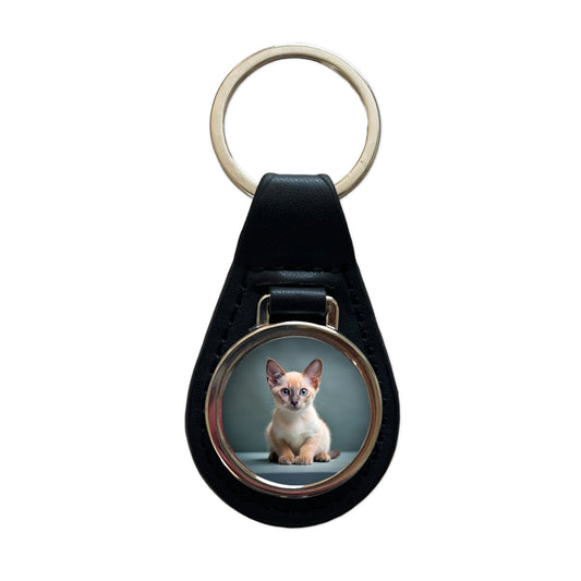 Tonkinese Cat Kitten Photo Black Leather Metal Keychain