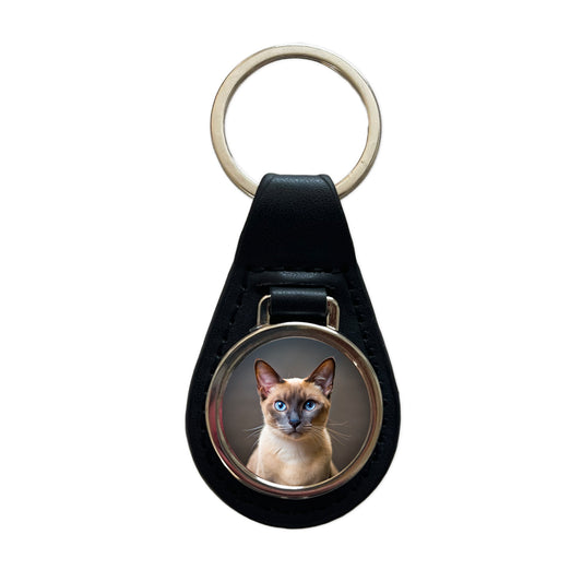 Tonkinese Cat Photo Black Leather Metal Keychain
