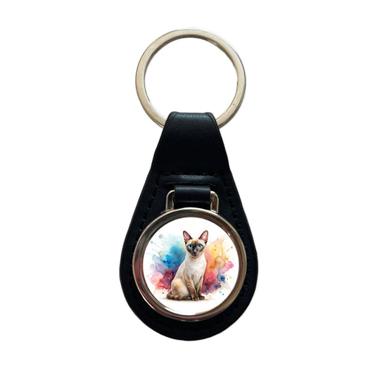 Tonkinese Cat Watercolor Style Black Leather Metal Keychain