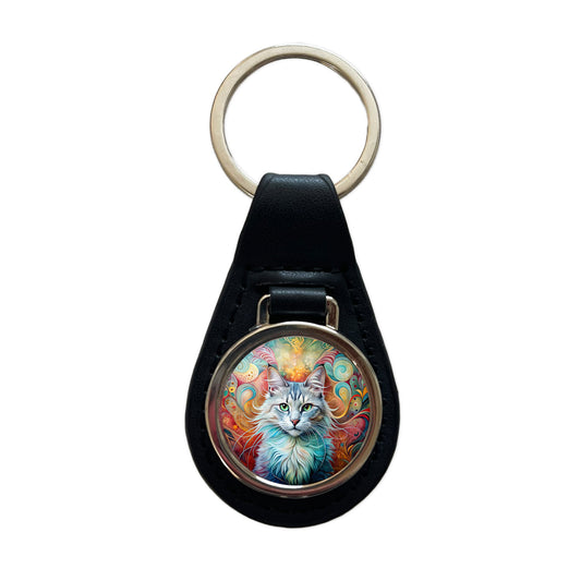 Turkish Angora Cat Abstract Art Black Leather Metal Keychain