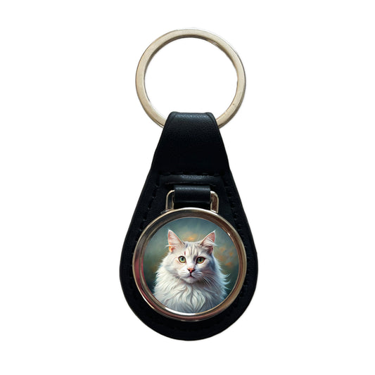 Turkish Angora Cat Illustration Black Leather Metal Keychain